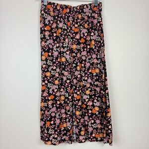 Loft Floral Midi Skirt Womens XS Slit Boho Black Pink Orange Hippie 70s